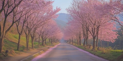 Fototapeta premium A breathtaking avenue lined with cherry blossom trees in peak bloom, forming a pink tunnel