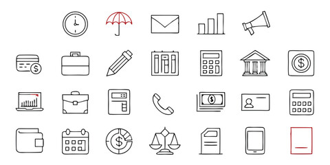 Business & Finance Icon Set – Minimalist Line Icons for Money, Graphs, Banking & Communication