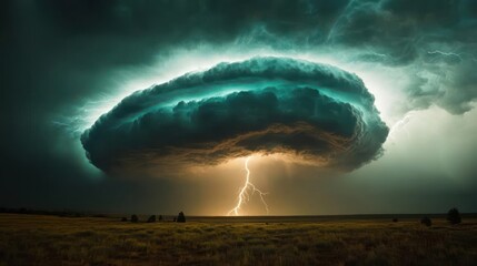 Powerful supercell thunderstorm with lightning over a vast landscape.