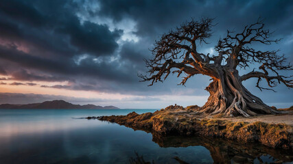 Obraz premium Majestic Old Tree by the Lake at Sunset Dramatic Sky, Dark Clouds, and Serene Waters. Stunning Nature Photography Wallpaper