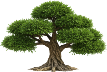 Lush green deciduous tree with thick trunk and extensive root system isolated transparent background