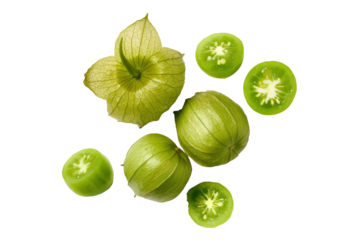 Half purple tomatillo with colorful pulp ideal for fusion recipe cards