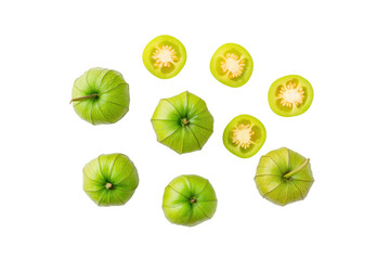 Tomatillo slices in radial pattern on transparent background ideal for gourmet taco labels