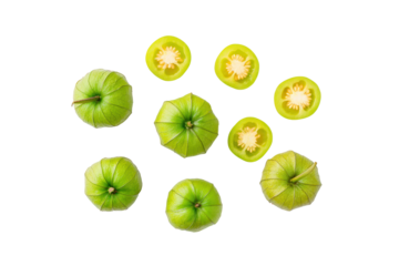 Tomatillo slices in radial pattern on transparent background ideal for gourmet taco labels