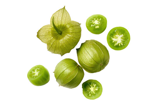 Half purple tomatillo with colorful pulp ideal for fusion recipe cards