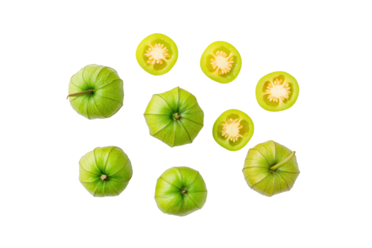 Tomatillo slices in radial pattern on transparent background ideal for gourmet taco labels