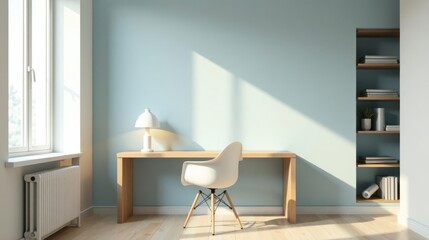 Modern minimalist home office design with natural light streaming through a window, illuminating a light wood desk, a white chair, and a built-in shelving unit holding books and plants