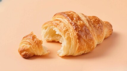A flaky, golden-brown croissant with a bite taken out, resting on a soft peach background, showcasing its airy, buttery layers.