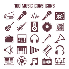 Music Icon Set – Bold Filled Silhouette Icons Featuring Instruments, Notes, Audio Equipment & Playback Controls