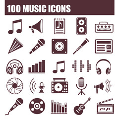 Music Icon Set – Bold Filled Silhouette Icons Featuring Instruments, Notes, Audio Equipment & Playback Controls