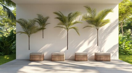 Fototapeta premium Palm trees and seating in a tranquil garden setting.