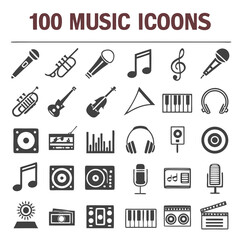 Music Icon Set – Bold Filled Silhouette Icons of Instruments, Notes, Audio Equipment & Playback Controls