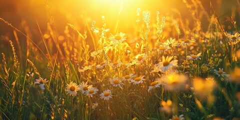 A breathtaking golden-hour scene of wildflowers glowing in the warm evening light