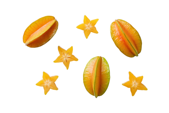 Starfruit half showing ridges isolated on transparent background ideal for garnish charts and exotic salad infographics