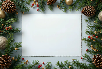 Blank card between decorations, fir branches and pine cones close up, mockup. Christmas or New Year greeting card template, Holiday or wedding stationery.
