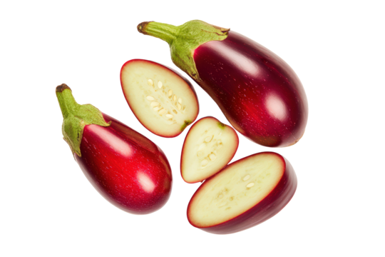 Slices of scarlet eggplant on transparent background ideal for vegan charcuterie boards and pizza-topping charts
