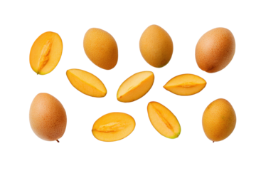 Sapodilla half showing seed isolated on transparent background ideal for antioxidant smoothie guides and breakfast ads