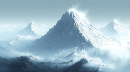 Snowy Mountain Peaks in Mist