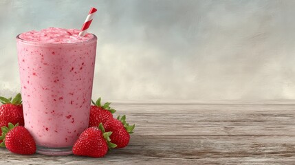 Delicious Strawberry Smoothie in Glass  Fresh Fruit  Wooden Table