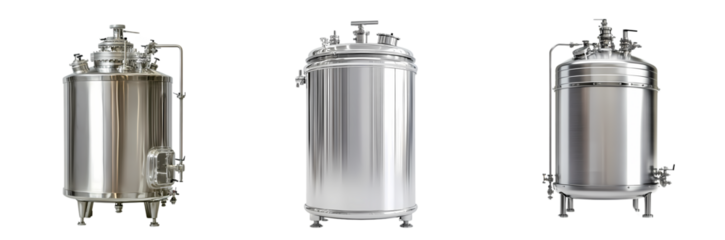 Three industrial stainless steel tanks on transparent background, showcasing sleek design and engineering precision. High-quality stock photo for industrial use