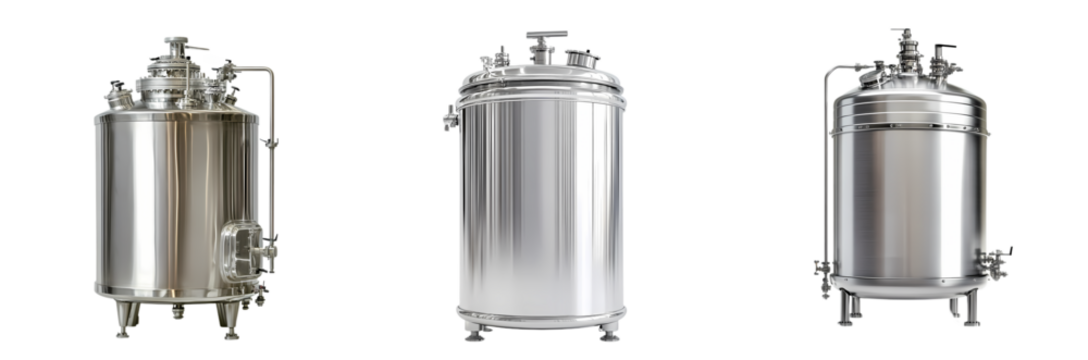 Three industrial stainless steel tanks on transparent background, showcasing sleek design and engineering precision. High-quality stock photo for industrial use