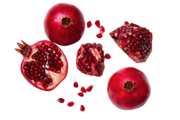 Pomegranate half revealing ruby arils isolated on transparent background perfect for heart-health nutrition infographic visuals