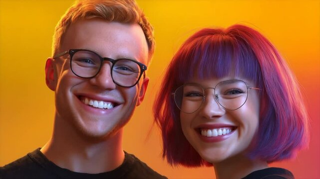A man with short red hair and glasses wearing black and a woman with a purple-pink bob haircut and bangs
