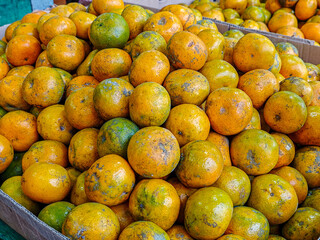 A bountiful harvest of vibrant oranges, piled high and ready to be enjoyed. The fruit's bright color and textured skin evoke a sense of freshness and natural goodness, and is ready for sale.