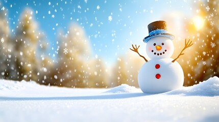 Fototapeta premium Smiling snowman in snowy landscape