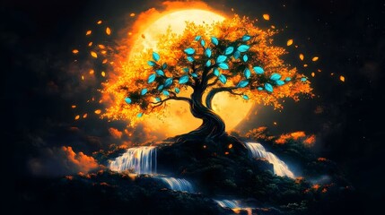 Mystical tree, full moon, waterfall