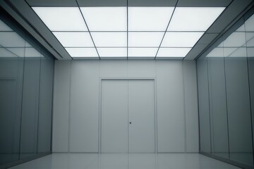 Modern minimalist interior with led ceiling and glass walls