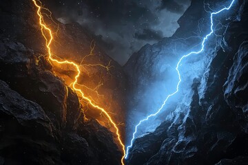 Dramatic lightning strike over cityscape at night, illuminating the dark sky and urban landscape with electric energy