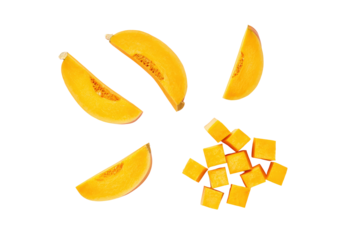 Neck pumpkin cubes arrayed on transparent background ideal for meal-prep charts and roasting-guide graphics