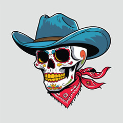 skull wearing a comic book style cowboy hat