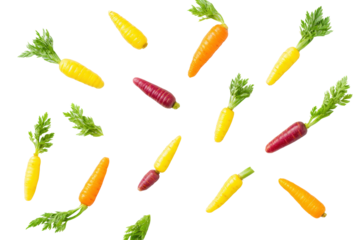 Assorted rainbow baby carrots isolated on transparent background bring playful colour to kid-friendly snack branding