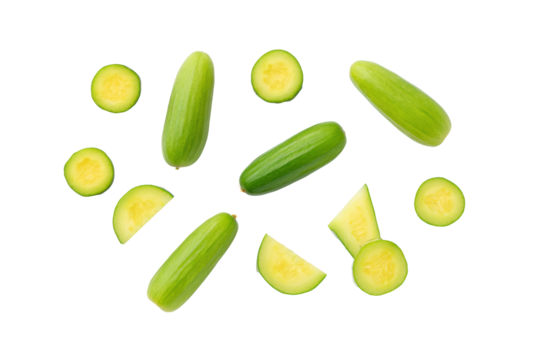 Arranged yellow-cucumber slices on transparent background perfect for artisanal-pickle label patterns