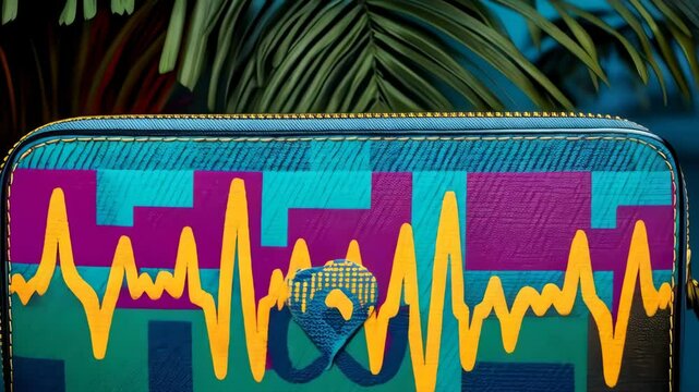 Vibrant zipper wallet with a yellow heartbeat design on a teal and purple geometric pattern sitting in front of palm fronds.