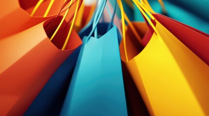 Colorful shopping bags hanging in a vibrant display, showcasing various hues and textures