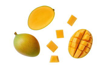 Whole ripe mango top-view isolated on transparent background adds sunny vibe to smoothie-bar menu graphics