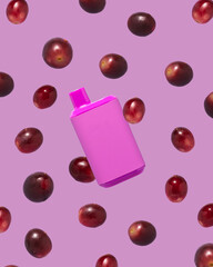 Red grape nicotine vape with floating grapes on purple background