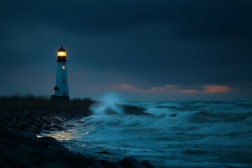 Obraz premium Dramatic Coastal Lighthouse at Dusk with Stormy Sea and Glowing Beacon.