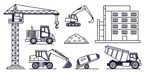 Construction & Tools Icon Set – Line Icons of Machinery, Equipment, Tools & Materials for Industrial Projects