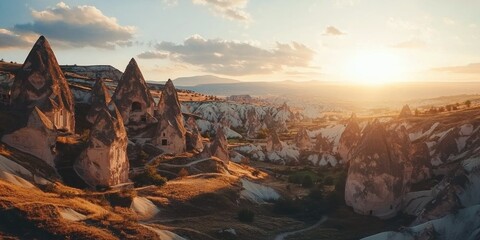 A breathtaking valley filled with uniquely shaped rock formations glowing in the golden hour light