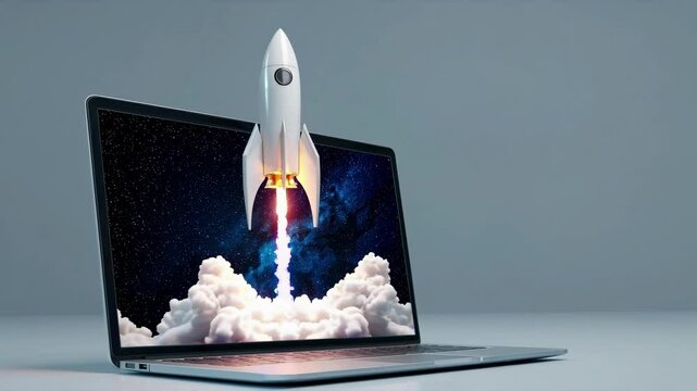 A 3D rocket launches from a laptop screen, symbolizing innovation. Side angle captures dynamic motion, ideal for a tech video concept.