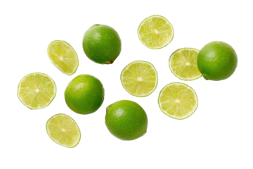 Neatly sliced key-lime wheels on transparent background ideal for cocktail-garnish charts and summer-drink labels
