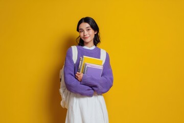 Confident young female student in purple sweater and white skirt holding colorful notebooks with backpack against bold yellow background. Education and modern youth lifestyle concept.