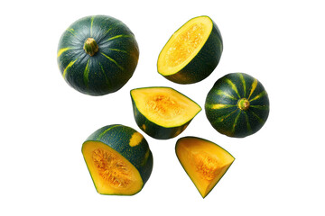 Green kabocha half showing flesh isolated on transparent background perfect for macrobiotic cuisine infographics