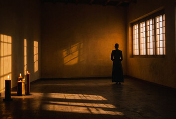 A silhouette of a person standing alone in an empty room lit by a single candle placed on the floor, casting a long soft shadow on the wall &mdash; warm amber tones, spiritual solitude 