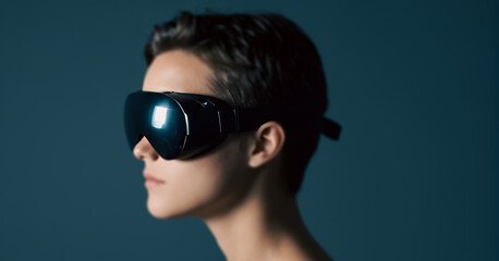 Profile portrait of a young man wearing a futuristic VR headset, immersed in a digital world. The image features cinematic lighting and soft focus.