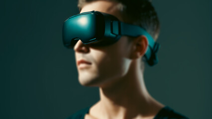 High-detail portrait of a male student using VR for learning, with a minimalist background emphasizing the device and experience.